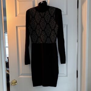 VENUS Black Long Sleeve Dress with Intricate Pattern